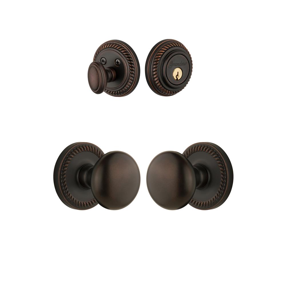 Grandeur by Nostalgic Warehouse Single Cylinder Combo Pack Keyed Differently - Newport Rosette with Fifth Avenue Knob and Matching Deadbolt in Timeless Bronze
